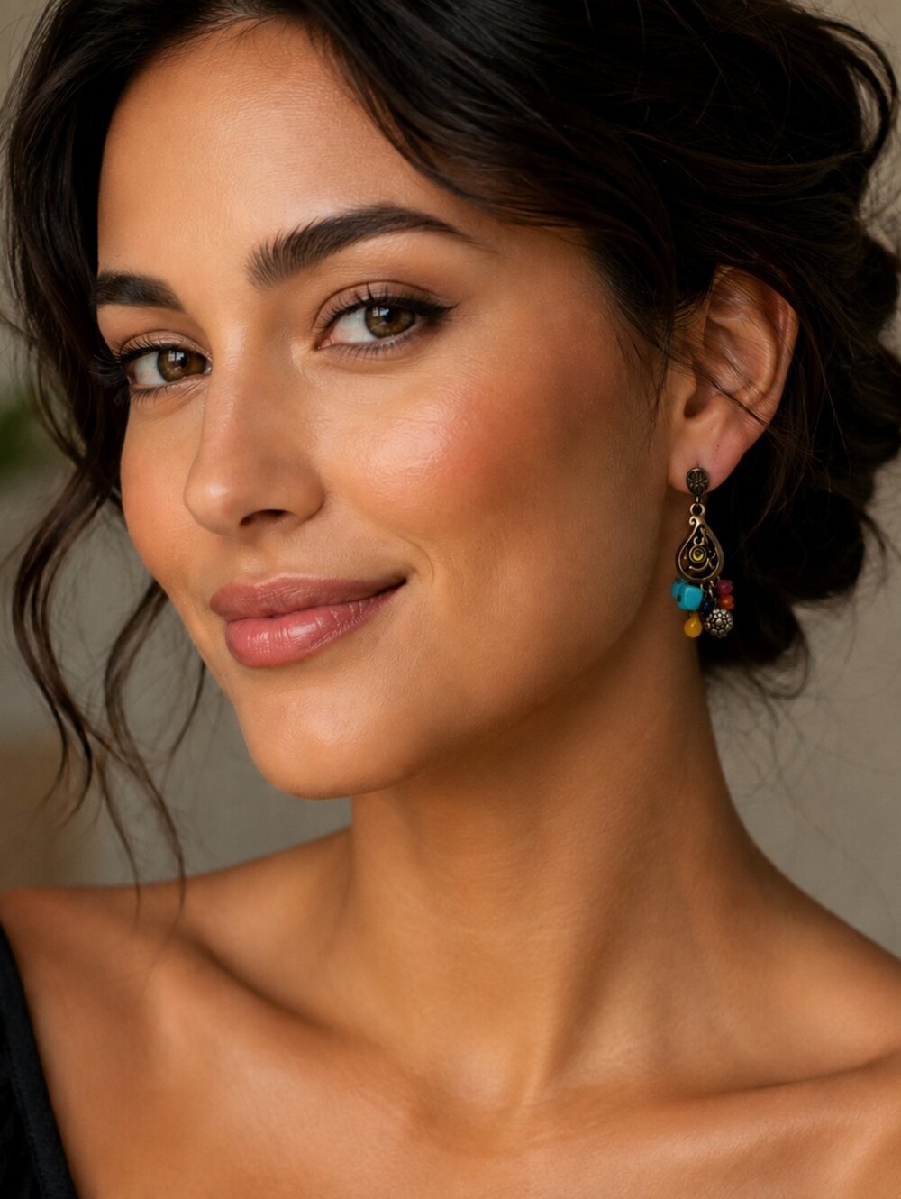 Bohemian Faux Turquoise & Multicolour Antiqued Goldtone Filigree Dangle Earrings